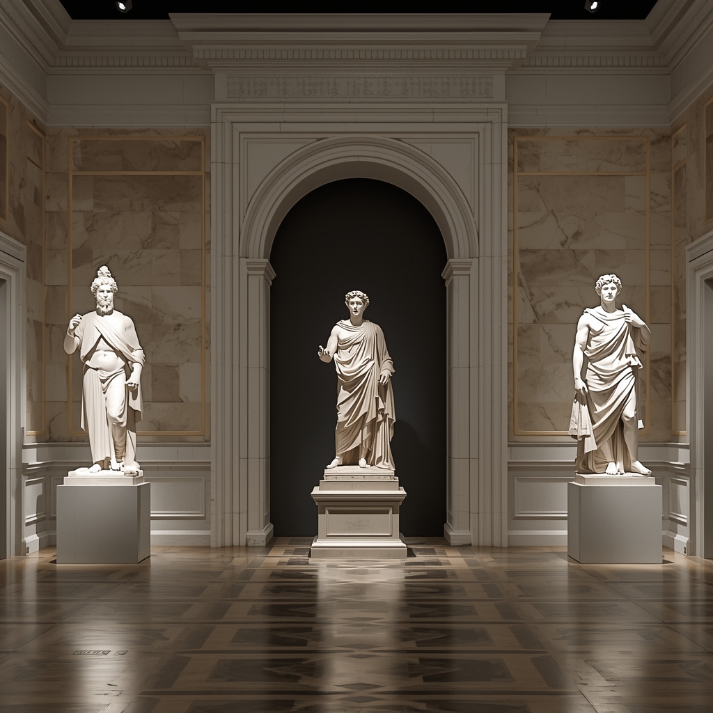 A modern art gallery showcasing majestic white marble sculptures under spotlighting